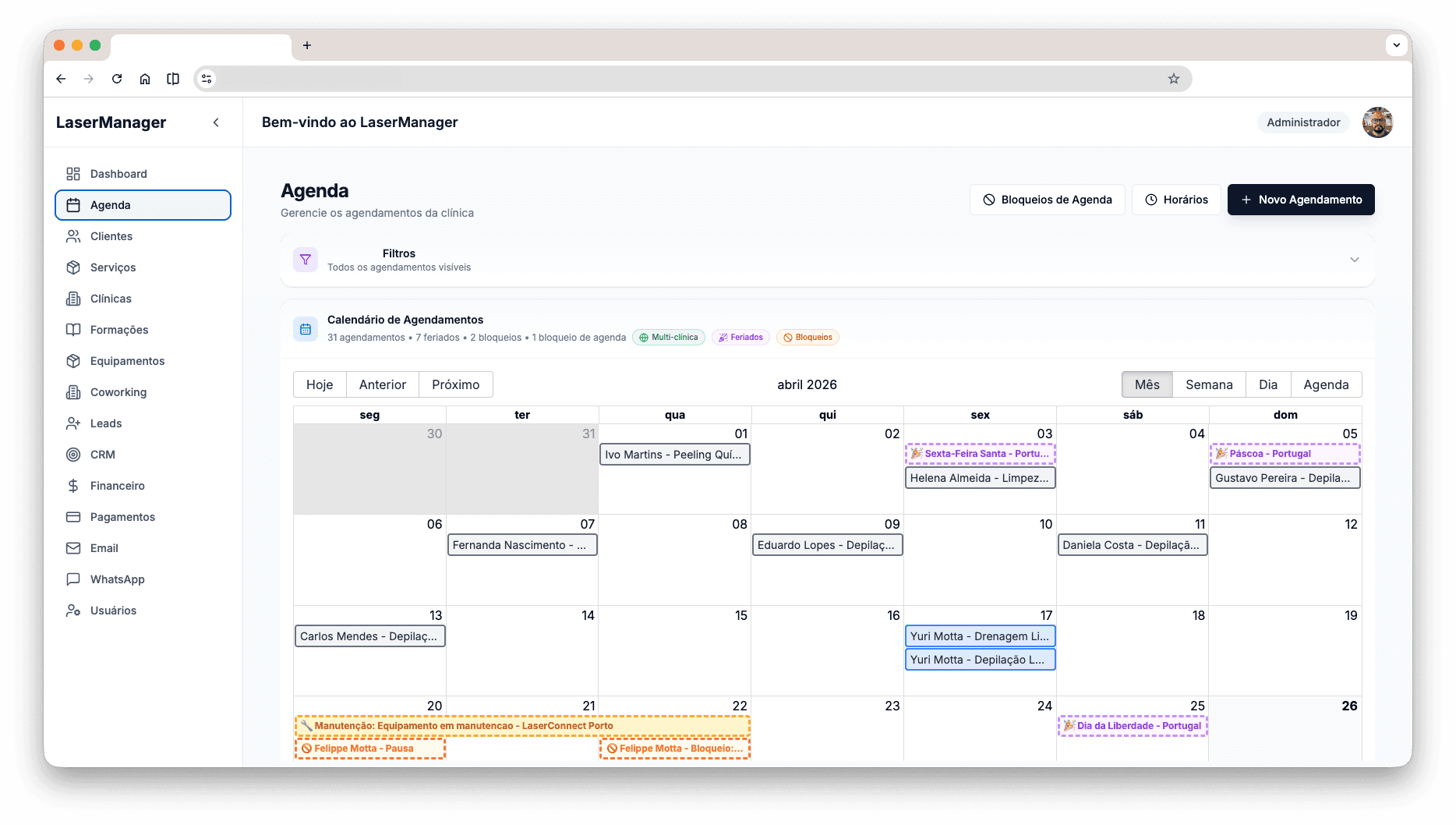 Vista de calendário de agendamentos no LaserConnect, com múltiplos clientes e confirmações